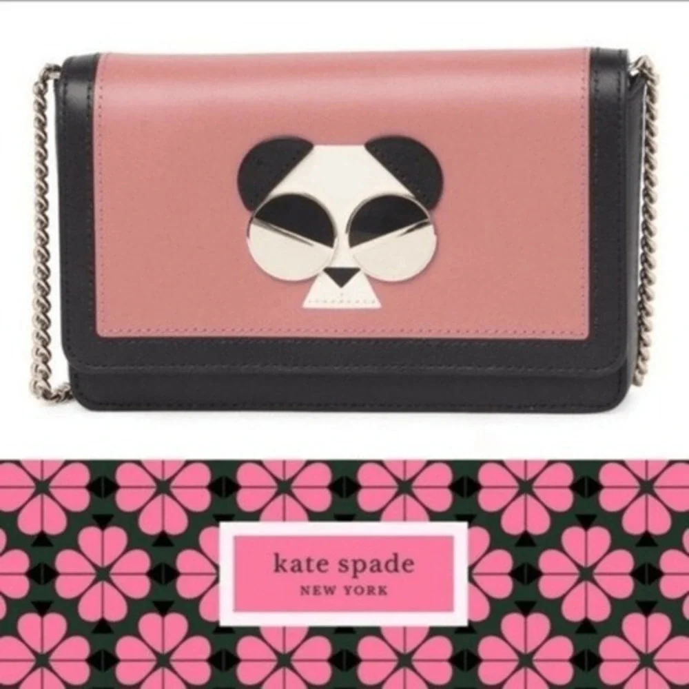 Kate Spade Gentle Panda Crossbody Leather Wallet Bag,‎ Pink/Black, NWT